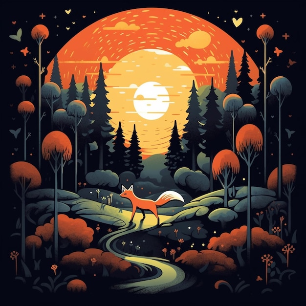 ilustração de uma raposa caminhando em uma floresta ao pôr do sol