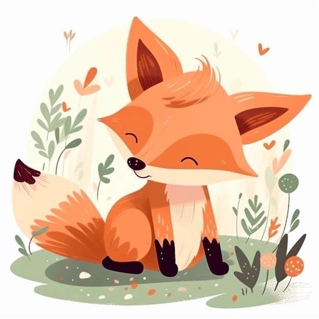 Ilustração de uma raposa sentada na grama com flores e folhas generativas ai