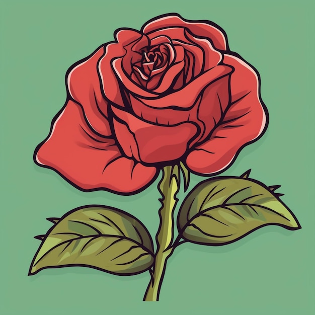 Ilustração de uma rosa vermelha com folhas verdes em um fundo verde generativo ai