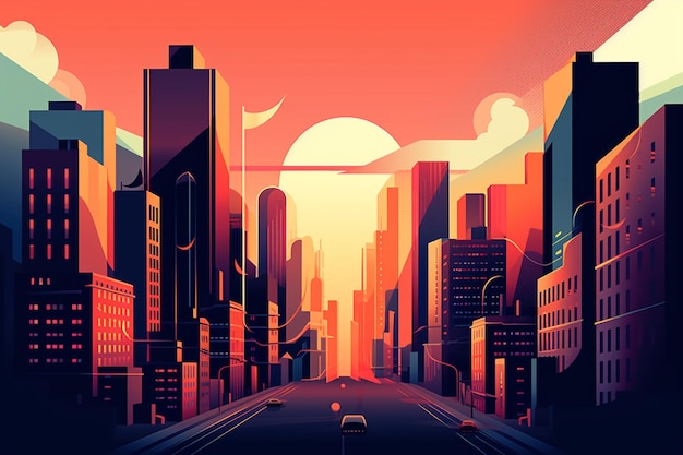 Foto ilustração de uma rua da cidade com carros e edifícios ao pôr do sol generativo ai