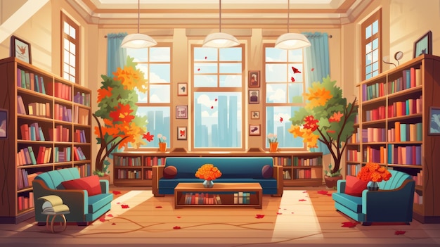 Ilustração de uma sala de biblioteca com muitos livros e estantes e área de estar