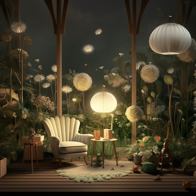 ilustração de uma sala de estar com plantas e uma luminária no