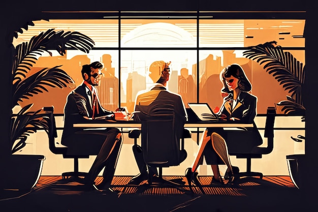 Ilustração de uma sala de reuniões de negócios com homem e mulher sentados à mesa generativa ai