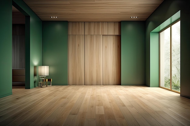 Ilustração de uma sala vazia com um esquema de cores verde e piso de madeira Generative AI
