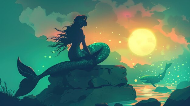 Ilustração de uma sereia sentada em uma rocha na praia gerada por Ai