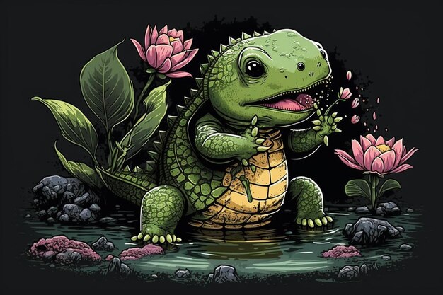 Ilustração de uma tartaruga com flor em sua boca generativa ai