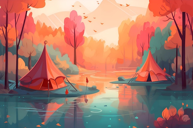 Ilustração de uma tenda turística perto de um lago de montanha Generative AI 5