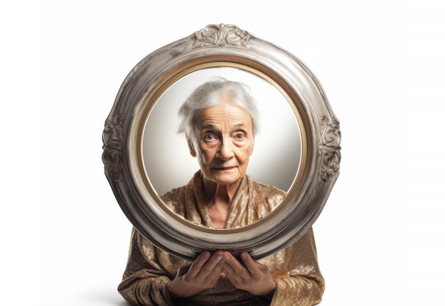 Ilustração de uma velhota engraçada refletida em um espelho redondo gerado pela IA
