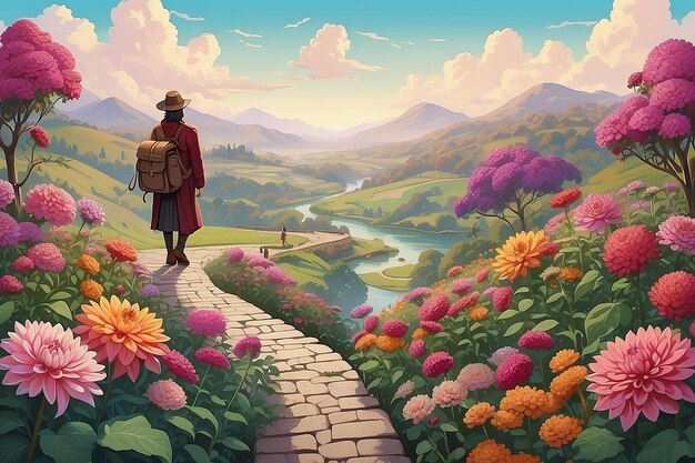 Ilustração de uma viagem através da paisagem adornada de Dahlia