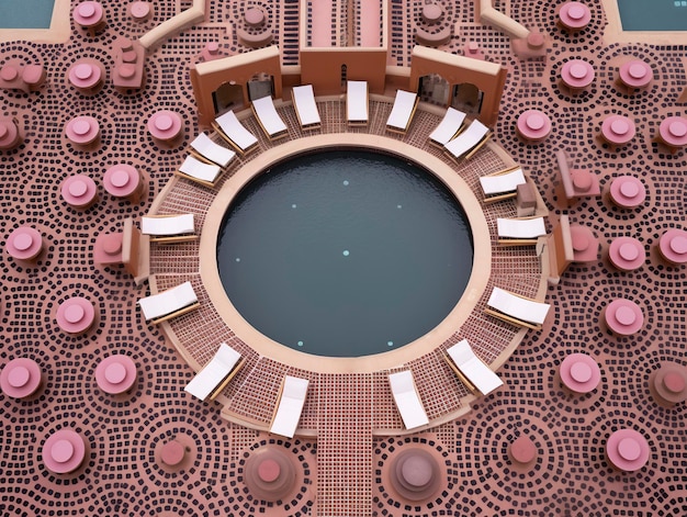 Ilustração de uma vista aérea da piscina redonda de luxo