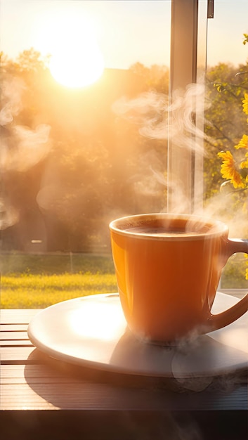 ilustração de uma xícara de café com uma bela paisagem ao nascer do sol