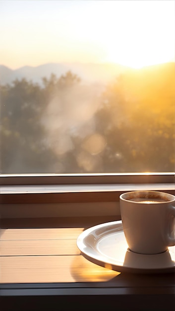 ilustração de uma xícara de café com uma bela paisagem ao nascer do sol