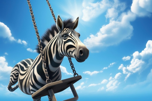 Ilustração de uma zebra balançando em uma barra de balanço sobre o céu azul com nuvens de espuma