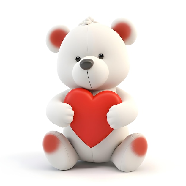Ilustração de urso 3D com coração vermelho em fundo branco.