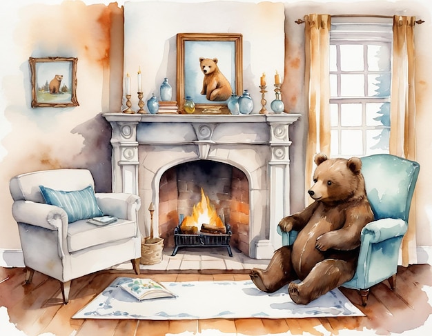 Ilustração de urso aconchegante em aquarela