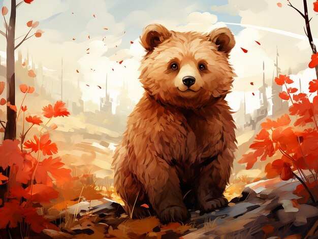 Ilustração de urso fofo com fundo de floresta