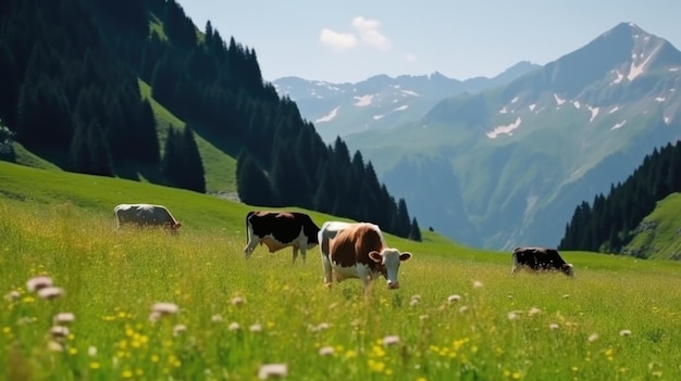 Ilustração de vacas nos Alpes AI GenerativexA