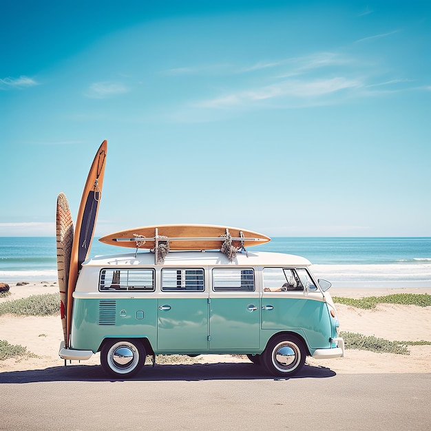 Foto ilustração de vagão retrô com mar de tronco aberto e pranchas de surf em