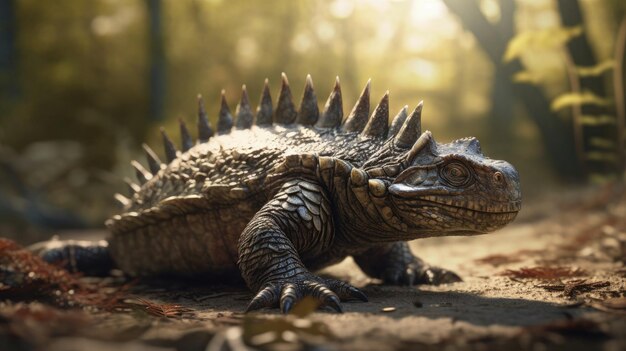 Ilustração de vários tipos de dinossauros no interior da floresta 3d realista