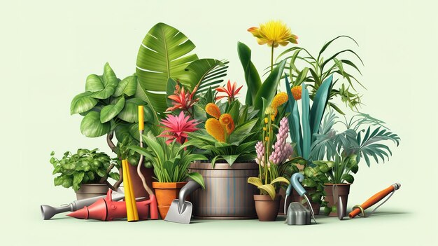 Ilustração de vários vasos de plantas e ferramentas Generative ai