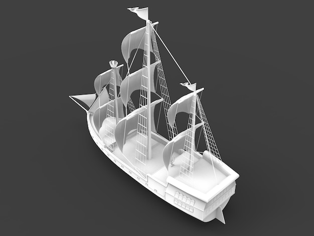 Foto ilustração de varredura tridimensional de um antigo veleiro em um espaço cinza com sombras suaves. renderização em 3d.