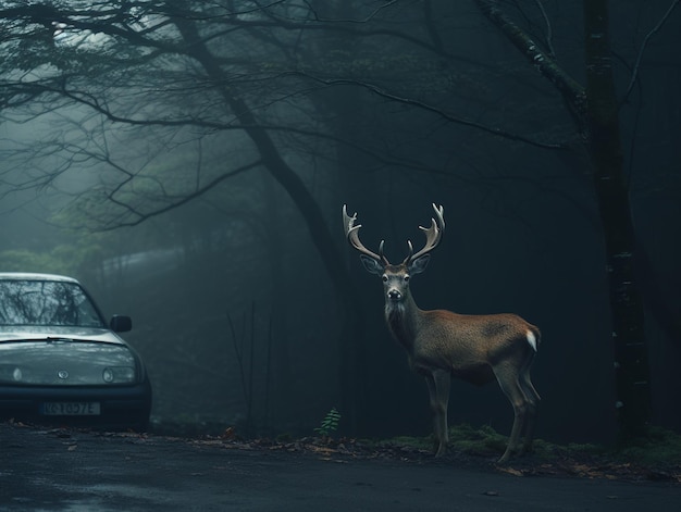 Ilustração de veado à beira da estrada à frente do veículo