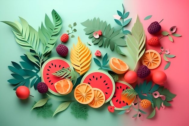 Ilustração de verão brilhante com frutas e bagas em estilo de corte de papel Generative AI