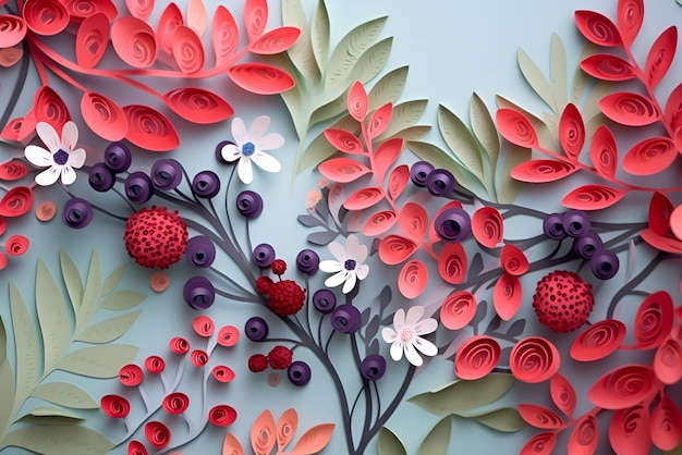 Ilustração de verão com flores e bagas em estilo de arte de corte de papel Conteúdo generativo de IA