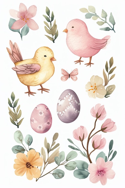 Ilustração de vetor de aquarela bonita Galinhas de Páscoa e ovo de Páscua com flores pastel no b branco