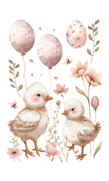 Ilustração de vetor de aquarela bonita Galinhas de Páscoa e ovo de Páscua com flores pastel no transpa