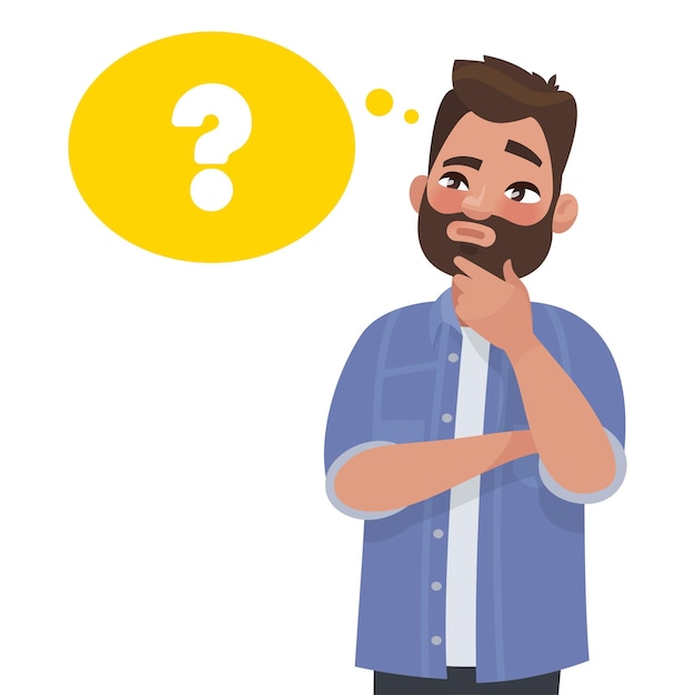 Ilustração de vetor plano Um homem está sentado em uma postura pensativa e pensando em uma pergunta