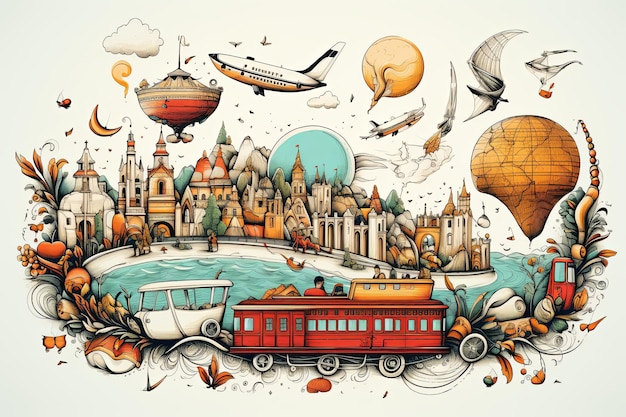 Ilustração de viagem e turismo vintage e elementos de férias desenhados à mão em fundo branco