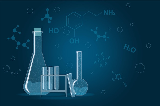 Ilustração de vidraria de laboratório com pano de fundo de fórmulas químicas com copyspace para seu logotipo