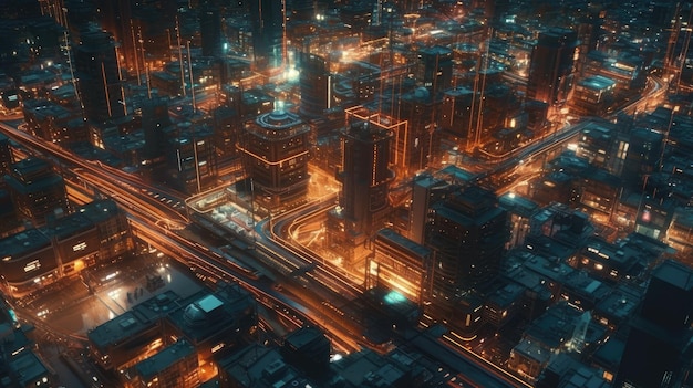 ilustração de vista da cidade com efeito neon com luzes coloridas de efeito neon