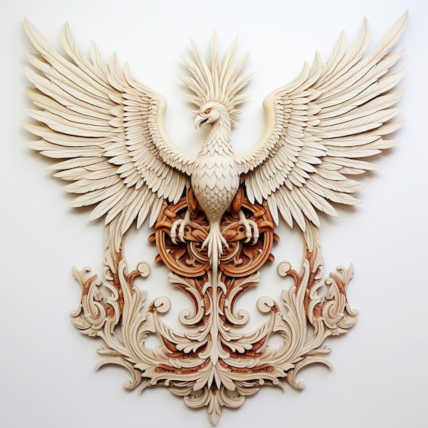 Foto ilustração de vista frontal em madeira esculpida em baixo-relevo de uma phoenix crescente
