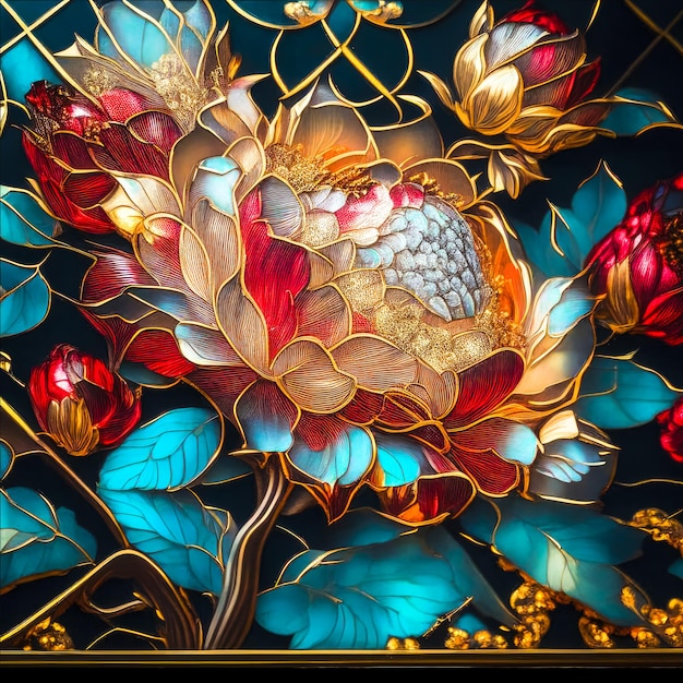 Ilustração de vitrais elegantes com flores de peônia em um fundo escuro