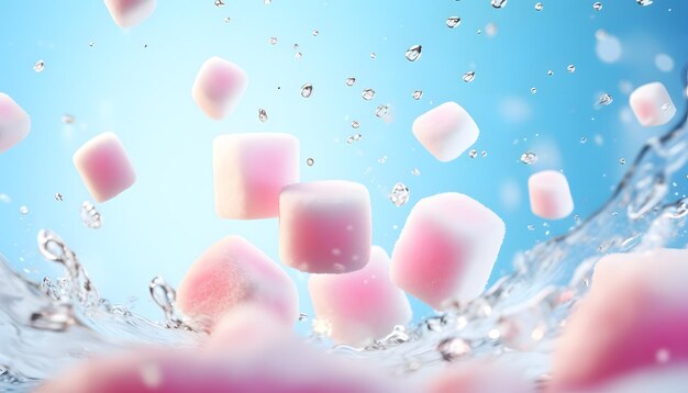 Foto ilustração de vitrine de produto fresco de marshmallow, respingos dinâmicos e atraentes