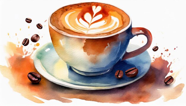 Ilustração de xícara de café arte latte estilo de pintura a aquarela