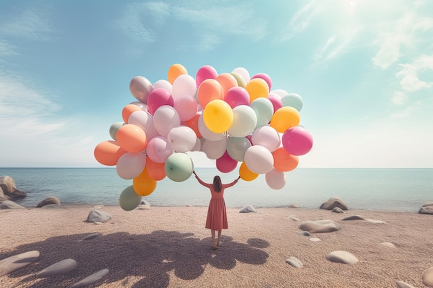 Ilustração delicada de uma mulher segurando vários balões na praia em um estilo contemporâneo ideal para representar o verão Generative AI