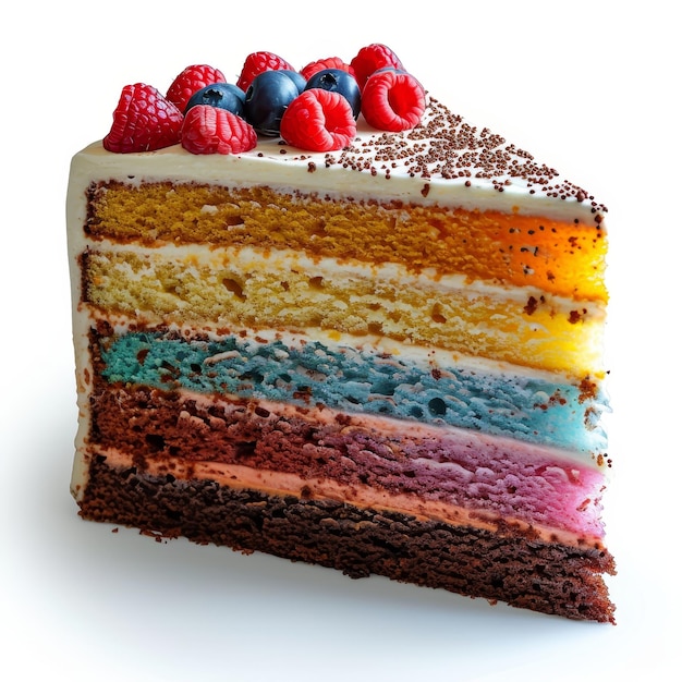 Ilustração deliciosa fatia de bolo arco-íris em branco vista instantânea
