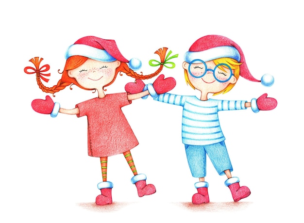 ilustração desenhada à mão de duas crianças dançando em chapéus de Papai Noel vermelhos, botas e luvas pelos lápis de cor sobre fundo branco. foto de natal de casal feliz