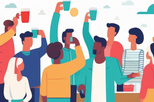 Foto ilustração desenhada à mão de pessoas socializando com bebidas