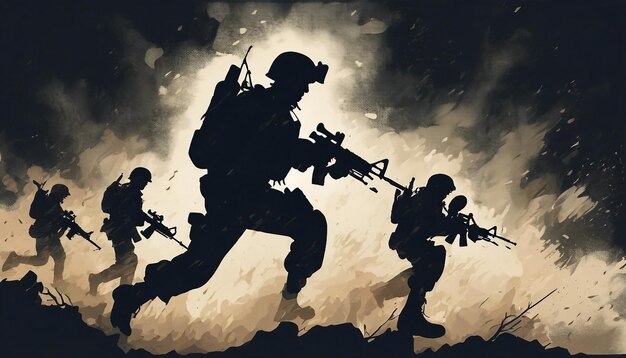 Ilustração desenhada à mão de silhueta de soldados em um fundo de guerra