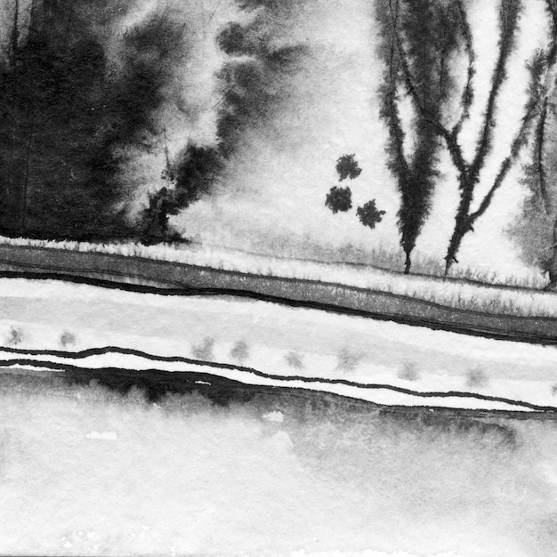 Ilustração desenhada à mão de tinta de paisagem abstrata Tinta preta e branca paisagem de inverno floresta fluvial Minimalista mão desenhada ilustração cartão fundo cartaz banner Linhas pretas em aquarela desenhadas à mão