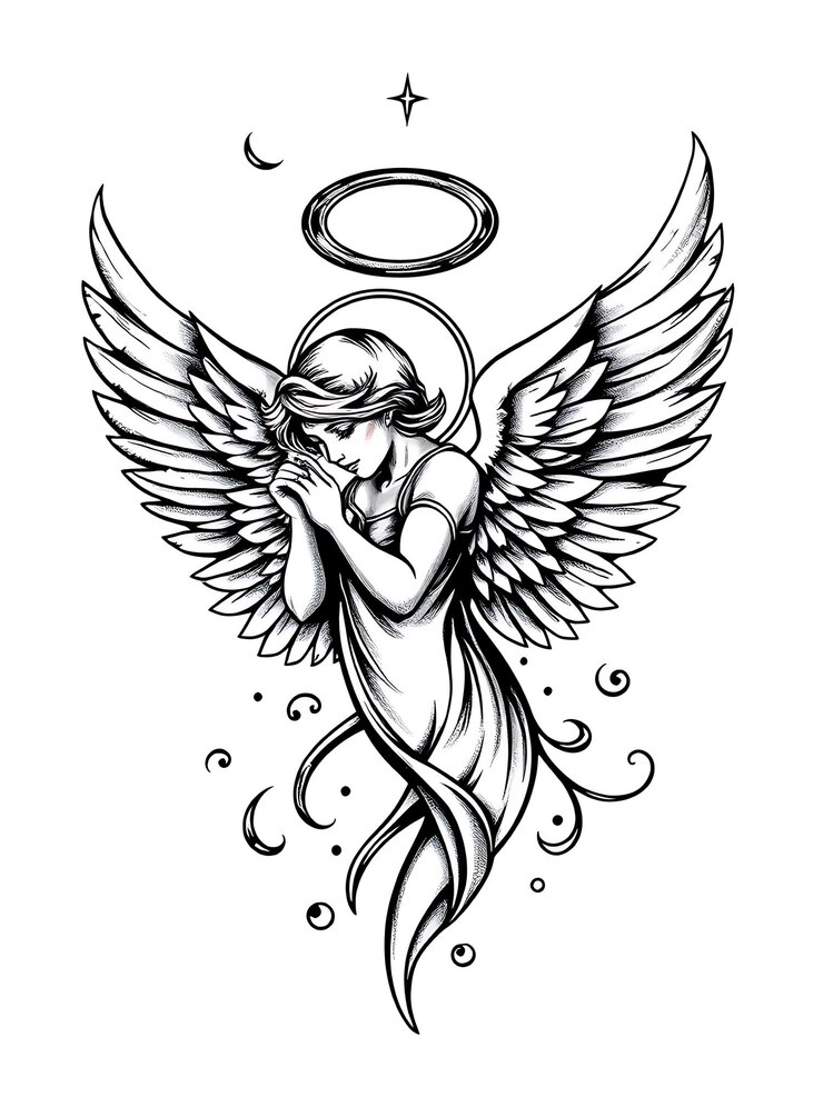 Foto ilustração desenhada à mão de um anjo orando com halo e asas