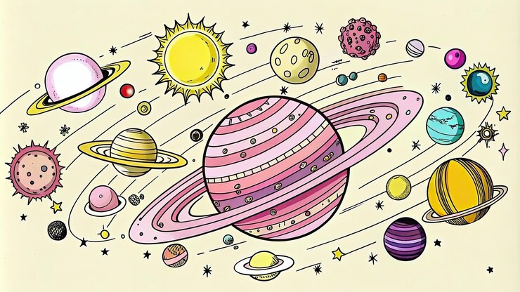 Foto ilustração desenhada à mão de um sistema solar colorido com planetas, estrelas e anéis