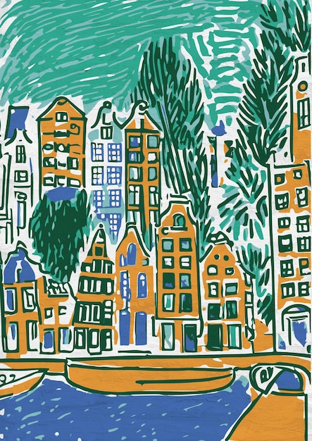 Ilustração desenhada à mão de viagens pela cidade de Amsterdã