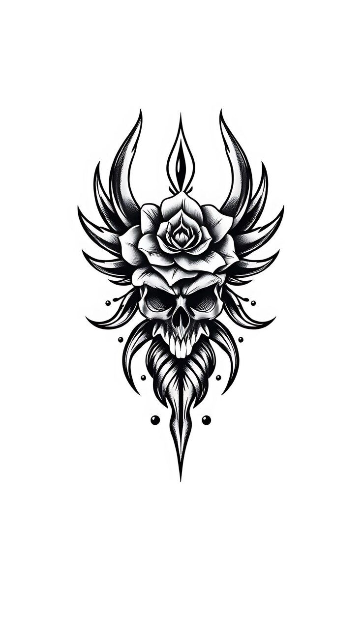 Foto ilustração desenhada à mão em preto e branco de um crânio com asas e uma rosa