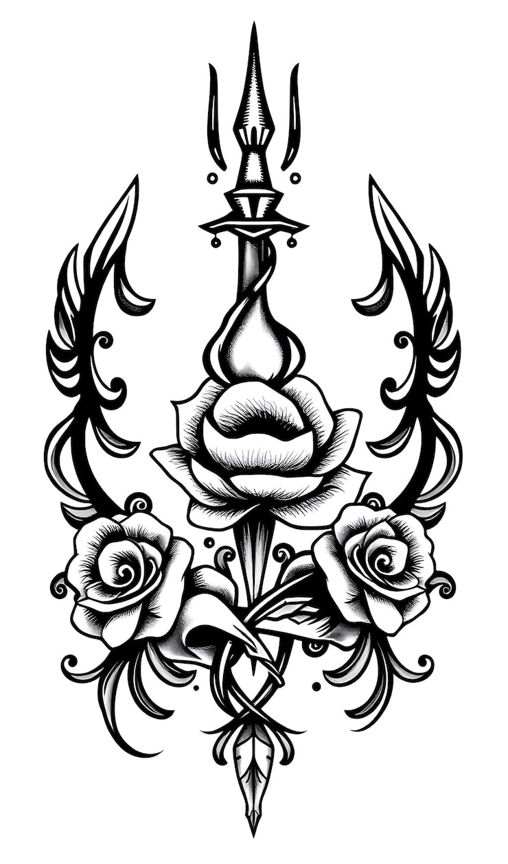 Foto ilustração desenhada à mão em preto e branco de um desenho de tatuagem de rosa e punhal