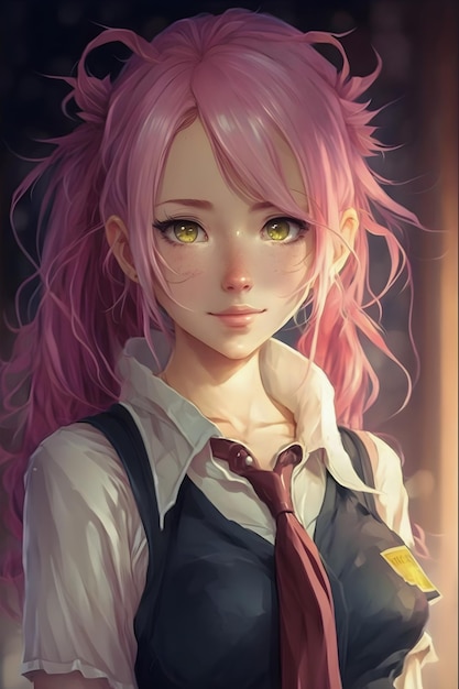 Ilustração desenhada de retrato de menina bonita estilo anime kawaii